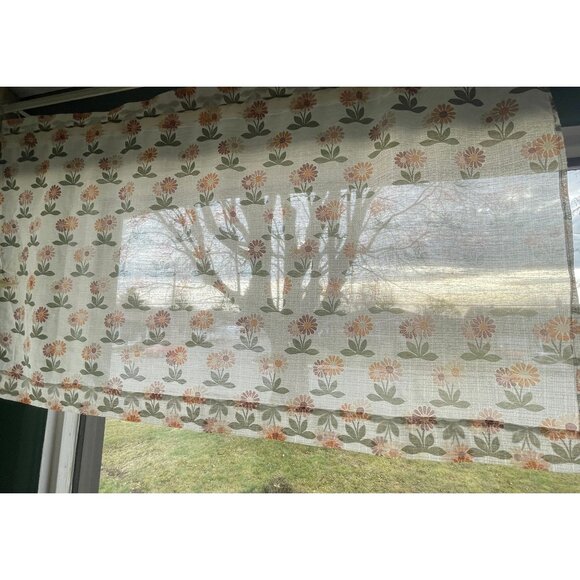 Vintage 70s sheer curtain, green, orange, and brown daisy flower, for one panel - Picture 3 of 10